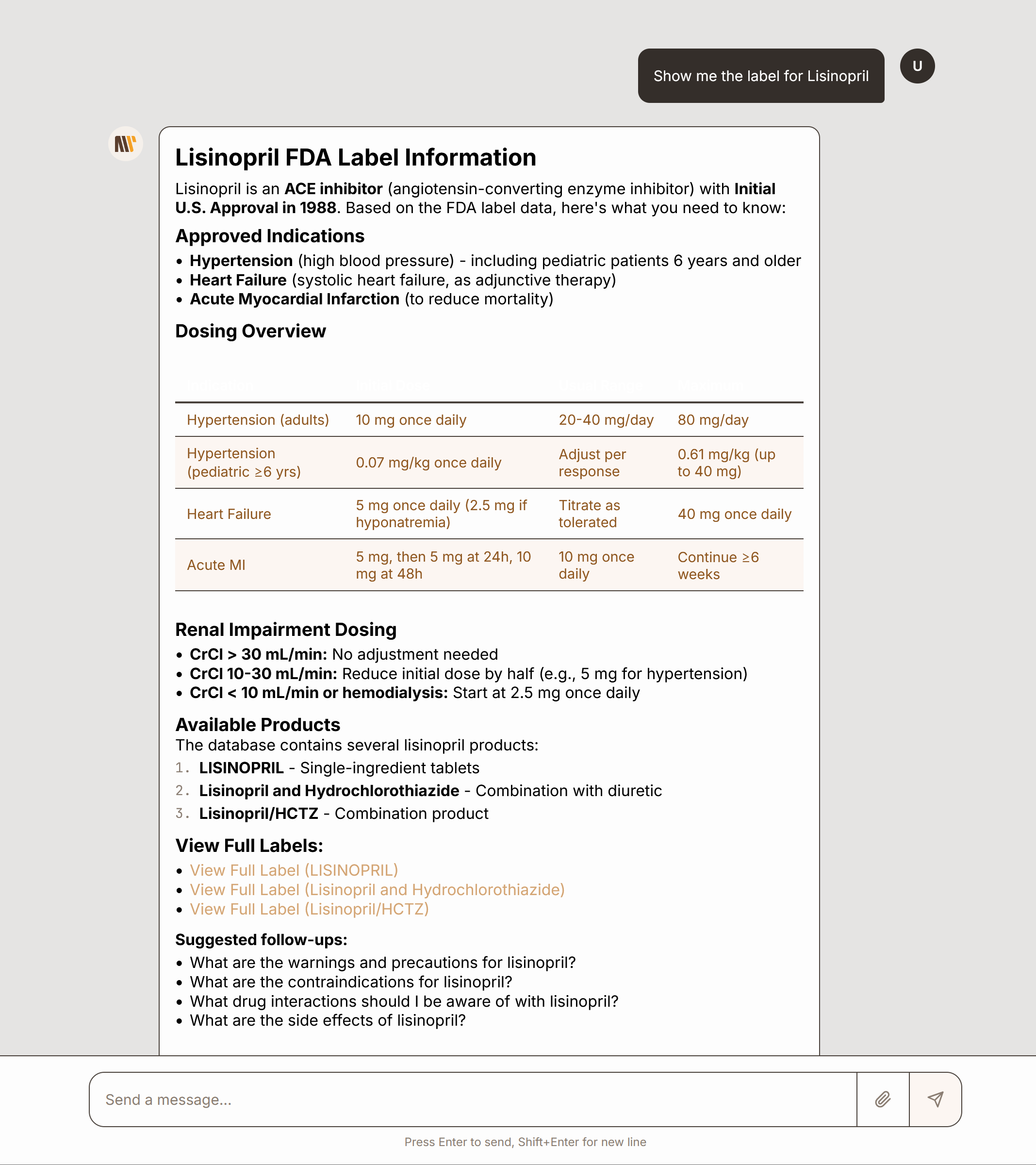 MedRecPro AI indication search showing structured drug results