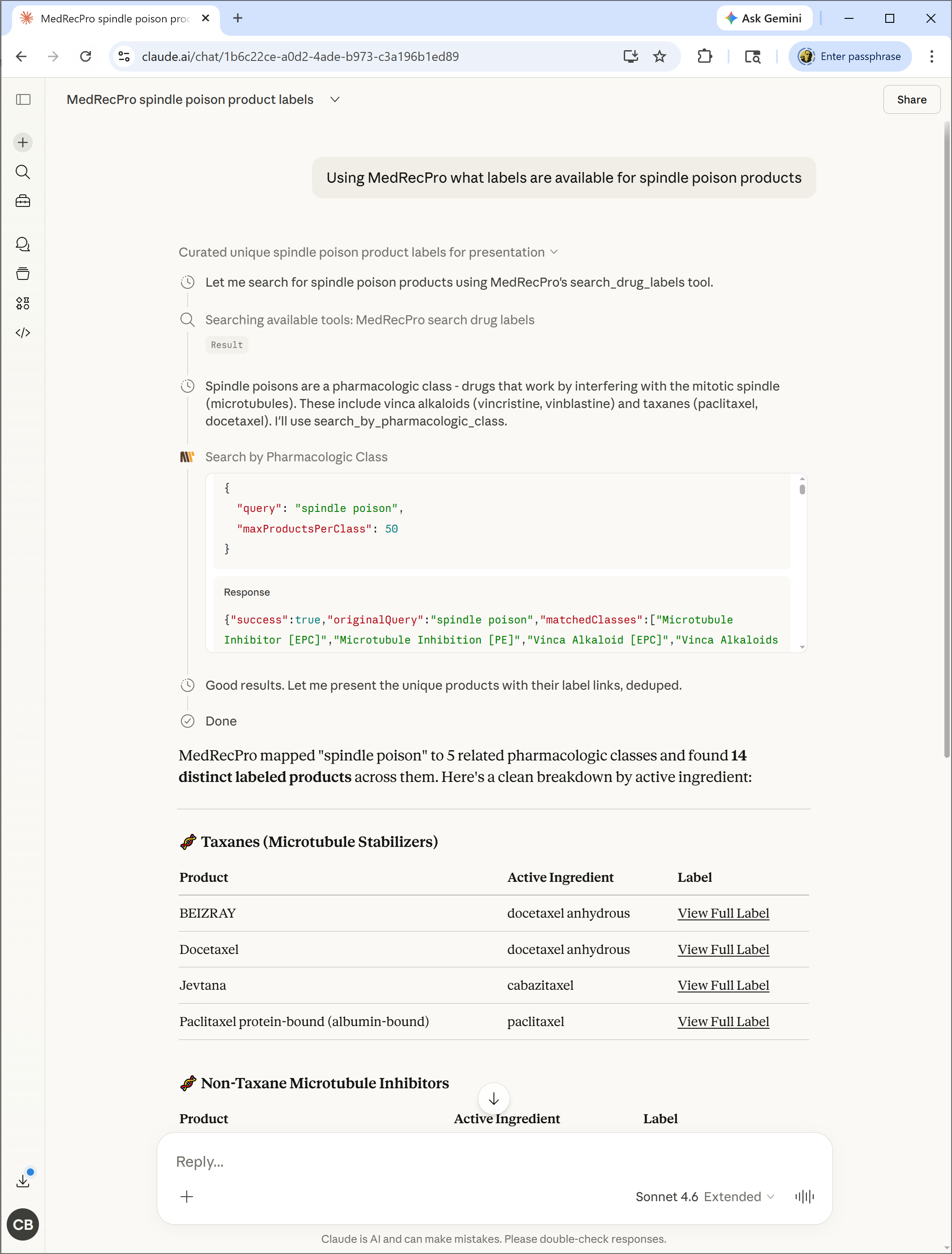 MedRecPro MCP tool response showing drug class data in Claude